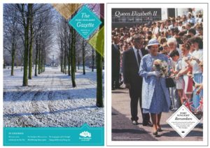 The front covers of the Winter Gazette and the special Queen Elizabeth II edition - the former has a photo of the Causeway in the snow, while the latter's cover shows Queen Elizabeth II on a visit to Port Sunlight in 1988.